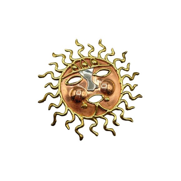Vintage Handcrafted Mixed Metal Sunface Brooch Brutalist Made in Mexico Sunburst - Picture 1 of 6